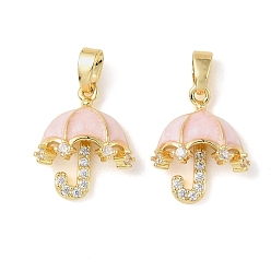 Pink Латунные микро проложить кубического циркония подвески, с эмалью, зонтик прелести, долговечный, реальный 18 k позолоченный, розовые, 16x13.5x5.5 мм, отверстие : 4x2.5 мм