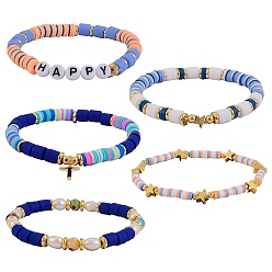 Mixed Color 5Pcs 5 Style Handmade Polymer Clay Beads Stretch Bracelets Sets, with Brass Beads and Acrylic Enamel Beads, HAPPY, Mixed Color, Inner Diameter: 2-1/8~2-1/8 inch(5.3~5.5cm), 1pc/style