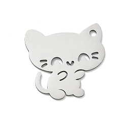 Color de Acero Inoxidable 201 colgantes de acero inoxidable, encantos de forma de gato, Corte con laser, color acero inoxidable, 23.5x24.5x1.5 mm, agujero: 2 mm