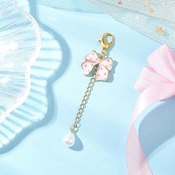 Pink Подвесные украшения из эмалевого сплава с бантом и АБС-пластика с имитацией жемчуга, с цинковым сплавом застежками омаров коготь, розовые, 85 мм