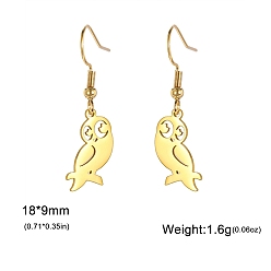 Золотой 304 из нержавеющей стали болтаться серьги, сова, для женщин, золотые, Кулон : 18x9 мм