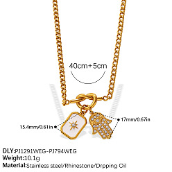 Hamsa Hand 304 Stainless Steel Crystal Rhinestone Pendant Necklaces, Golden, with White Enamel, Hamsa Hand, 15.75 inch(40cm), Pendant: 17mm & 15.4mm