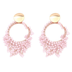 Pink Плоские круглые серьги-гвоздики из латунных стеклянных бусин, золотые, розовые, 97x50 мм