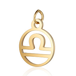 Libra 201 Stainless Steel Charms, with Jump Rings, Polished, Flat Round with Constellation, Golden, Libra, 13x11x1mm, Hole: 2.5mm