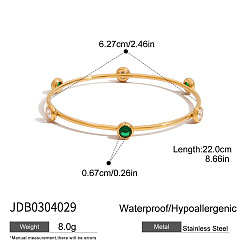 Зеленый 304 Браслеты из нержавеющей стали с инкрустацией кубическим цирконием для женщин, плоско-круглые, реальный 18 k позолоченный, зелёные, внутренний диаметр: 2.47 дюйм (6.27 см)