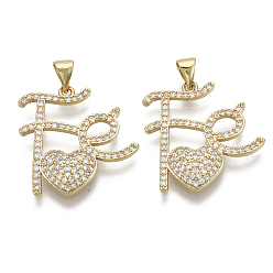 Прозрачный Латунные микро проложить кубического циркония подвески, с латунной привязкой на поруки, без никеля , письма с сердцем, реальный 16 k позолоченный, прозрачные, 24x23x3 мм, отверстие : 5x3 мм