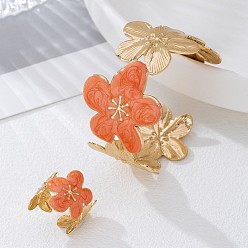 Темно-Оранжевый Наборы из браслетов-манжет и колец-манжет с цветочной эмалью для женщин, золотые, темно-оранжевый, внутренний диаметр: 60 мм и 18 мм