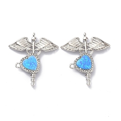 Real Platinum Plated Eco-friendly Brass Micro Pave Clear Cubic Zirconia Pendants, with Synthetic Opal, Long-Lasting Plated, Wings & Heart, Real Platinum Plated, 29.5x25.5x3mm, Hole: 1.2mm