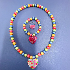 Сердце Наборы подвесок, браслетов и колец из смолы и стеклянных бусин., детский набор украшений, сердце, 390 мм, Кулон : 25 мм