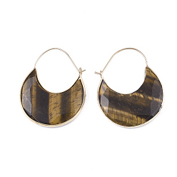 Тигровый глаз Серьги-кольца с подвесками в виде полумесяца и тигровым глазом, с латунной фурнитурой , граненые, 44~51x36.5x4~6 мм , штифт: 1 мм