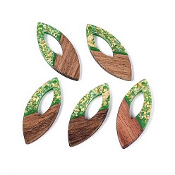 Светло-зеленый Подвески из непрозрачной смолы и орехового дерева, Очарование лошадиных глаз, с блестящей пудрой и золотой фольгой, светло-зеленый, 38x15.5x3~3.5 мм, отверстие : 2 мм