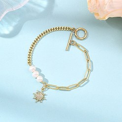 Sun Brass Micro Pave Clear Cubic Zirconia Charm Bracelets, Brass Paperclip Chains & Curb Chains Bracelets for Women, with Natural Cultured Freshwater Pearl, Sun, 7.56 inch(19.2cm)