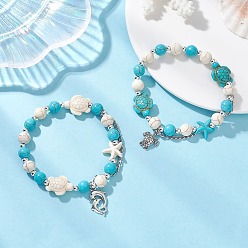 (52) Непрозрачная лаванда 2шт. синтетические бирюзовые браслеты с бусинами, Браслеты из сплава с подвесками в виде морской звезды, черепахи и дельфина, разноцветные, внутренний диаметр: 1.97 дюйм (5 см)