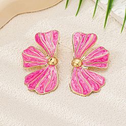 Ярко-Розовый Сплав эмаль серьги, цветок, золотые, слева и справа, ярко-розовый, 50x28 мм