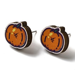 Тыква Деревянные серьги-гвоздики, с 316 хирургическим стержнем из нержавеющей стали, тема благодарения, серебряные, цвет шоколада, тыква, 13x15 мм