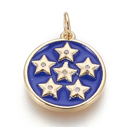 Золотой Латунь эмаль подвески, с кубического циркония, плоские круглые со звездой, синие, золотые, 17x15x2 мм, отверстие : 3.5 мм