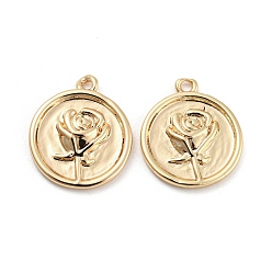 Настоящее золото 18K Латунные подвески, без кадмия, без никеля и без свинца, плоская круглая с подвеской в виде цветка, реальный 18 k позолоченный, 15x13x2 мм, отверстие : 1 мм