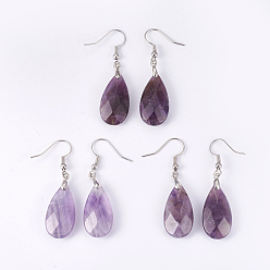 Аметист Болтаться серьги природный аметист, с латунной фурнитурой , слеза, граненые, платина, 45~49 мм, штифты : 0.7 мм, Кулон : 24~26x13x6~7 мм