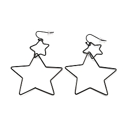 Черный Цвет Металла Интерлок двойные открытые серьги с подвесками в форме звезды, ионное покрытие (ip) 304 серьги-капли из нержавеющей стали с крупной геометрией для женщин, металлический черный , 75 мм, штифты : 0.6 мм