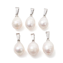 Нержавеющая Сталь Цвет Подвески из натурального пресноводного жемчуга, Рисовые подвески с 304 защелкивающимися креплениями из нержавеющей стали, белые, цвет нержавеющей стали, 13.5~15x8.5~9 мм, отверстие : 6x3 мм