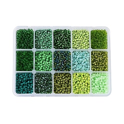 Green 8/0 Glass Seed Beads, Transparent & Frosted Colors & Baking Paint & Opaque Colors Lustered & Opaque Colours &  Trans. Colours Lustered & Silver Lined & Transparent Colours Rainbow & Ceylon, Round, Green, 8/0, 3mm, Hole: 1mm, 15color, 20g/color, 300g/box