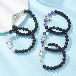 Смешанные камни Эластичные браслеты из бусин из натуральной лавы и смешанных драгоценных камней, ювелирные изделия из сплава в тибетском стиле для женщин, с Гальваническим немагнитных синтетическими гематита бисера, бусины : 8.5 мм, внутренний диаметр: 2-1/2 дюйм (6.2 см)