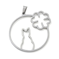 Нержавеющая Сталь Цвет 304 подвески из нержавеющей стали, лазерная резка, кольцо с подвеской в виде кошки и клевера, анти-тускнение, цвет нержавеющей стали, 33x34.5x1 мм, отверстие : 3x5 мм