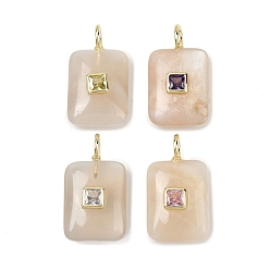 Grey Moonstone Подвески из натурального серого лунного камня, прямоугольные подвески с золотистой латунной микропаве из кубических цирконий случайных цветов, 26.5x15~15.5x6.5 мм, отверстие : 5x2.5 мм