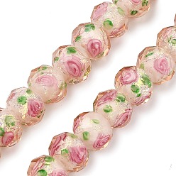 Pink Нити из фольги в технике лэмпворк, RONDELLE с цветком, граненые, розовые, 9.5~10x7.5~8 мм, отверстие : 1.1~1.5 мм, около 40 шт / нитка, 12.60'' (32 см)