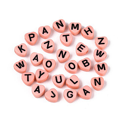 Pink Непрозрачные акриловые эмалированные бусины, горизонтальное отверстие, сердце со смешанными черными буквами, розовые, 7x7x4 мм, отверстие : 1.5 мм, Около 3600 шт / 500 г