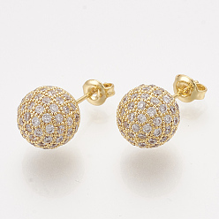 Golden Brass Cubic Zirconia Stud Earrings, with Ear Nuts, Round, Clear, Golden, 21x10mm, Pin: 0.7mm