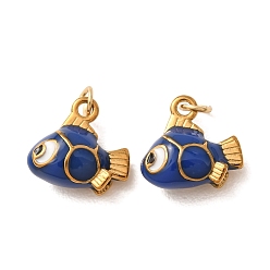 Blue 304 Stainless Steel Charms, with Enamel, Fish Charms, Ion Plating(IP), Golden, Blue, 12x12.5x6mm, Hole: 3mm