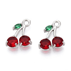 Платина Латунные микро проложить кубического циркония подвески, без кадмия, без никеля и без свинца, черри прелести, платина, 13.5~14x10.6x3~3.5 мм, отверстие : 1.6~1.8 мм