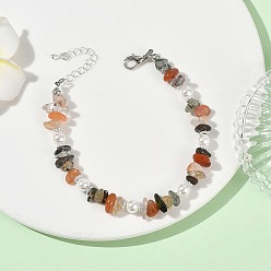Stainless Steel Color Natural Rutilated Quartz Chip & Shell Pearl Beaded Bracelets, Stainless Steel Color, 7.48 inch(19cm)