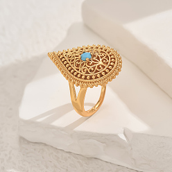 Бирюза Регулируемые кольца для женщин с микропаве из латуни и кубическими цирконами, слеза, золотые, бирюзовые, слеза: 29x20 мм, внутренний диаметр: регулируемый