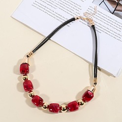 FireBrick Resin Cube & Round CCB Plastic Beaded Necklaces with Leather Cords for Women, Light Gold, FireBrick, 17.32 inch(44cm)