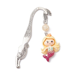 Yellow Mermaid Resin Pendant Bookmarks, with Synthetic Crackle Quartz Bead, Yellow, 78.5mm, Pendant: 47x23x7.5mm