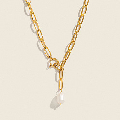 Настоящее золото 18K Минималистичное колье-лариата с подвеской в форме буквы Y из натурального пресноводного жемчуга 304 ювелирное изделие из нержавеющей стали, белые, реальный 18 k позолоченный, 18.11 дюйм (46 см)
