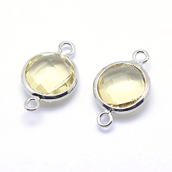 Lemon Chiffon Brass Links connectors, with Faceted Glass, Flat Round, Lead Free & Cadmium Free, Platinum, Lemon Chiffon, 14x9x3.5mm, Hole: 1mm