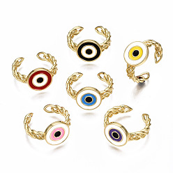 Mixed Color Brass Enamel Cuff Rings, Open Rings, Nickel Free, Curb Chain, Evil Eye, Real 16K Gold Plated, Mixed Color, US Size 7 3/4(17.9mm)