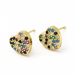 Real 18K Gold Plated Rack Plating Brass Micro Pave Cubic Zirconia Stud Earrings for Women, Long-Lasting Plated, Lead Free & Cadmium Free, Heart, Real 18K Gold Plated, 9.5x10mm, Pin: 0.8mm