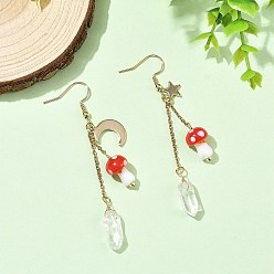 Golden Handmade Lampwork & 304 Stainless Steel Dangle Earrings for Women, Mushroom & Moon, Natural Quartz Crystal Asymmetrical Earrings, Golden, 73~74mm