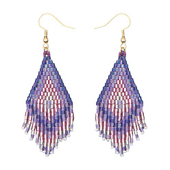 Фиолетовый Серьги-кисточки из бисера ручной работы из богемного стекла, золотые, ромб, фиолетовые