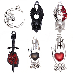 Mixed Shapes 12Pcs 6 Styles Alloy Enamel Pendants, Antique Silver, Axe/Heart/Skull/Sword Charms, Mixed Shapes, 27~49x13~23.5x2.5~6.5mm, Hole: 1.8~2.5mm, 2pcs/style