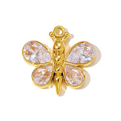 Прозрачный 304 кубический стальные подвески из нержавеющей диоксида циркония, бабочки прелести, ионное покрытие (ip), зеркальная полировка, реальный 18 k позолоченный, прозрачные, 22x21 мм, отверстие : 1.5 мм