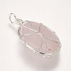 Rose Quartz Natural Rose Quartz Pendants, with Brass Findings, Oval with Tree, Silver Color Plated, 39~39.5x22~23x9~10mm, Hole: 4mm