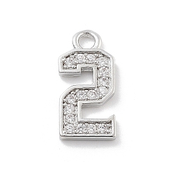 Number Латунные микропаве прозрачные подвески с фианитом, числовые прелести, число 2, 13x6x1 мм, отверстие : 1.5 мм