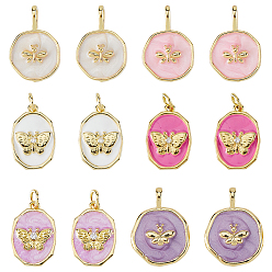 Настоящее золото 18K 12 шт 6 стили латунные микропаве прозрачные кубические циркониевые подвески, с эмалью и кольцами для прыжков, разнообразные, реальный 18 k позолоченный, 18~18.5x12~13.5x2.5~4 мм, отверстие : 3~4x1.5~3.5 мм, 2 шт / стиль