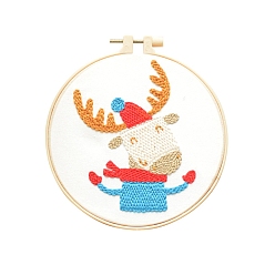 Deer Animal Theme DIY Display Decoration Punch Embroidery Beginner Kit, Including Punch Pen, Needles & Yarn, Cotton Fabric, Threader, Plastic Embroidery Hoop, Instruction Sheet, Deer, 155x155mm