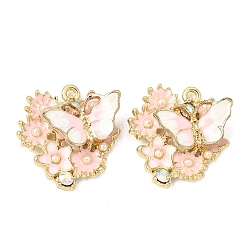 Pink Подвески из сплава и страза, бабочка с цветочными подвесками, с эмалью и искусственным жемчугом из АБС-пластика, стойки покрытие, долговечный, золотые, розовые, 23x22x5.5 мм, отверстие : 1.6 мм